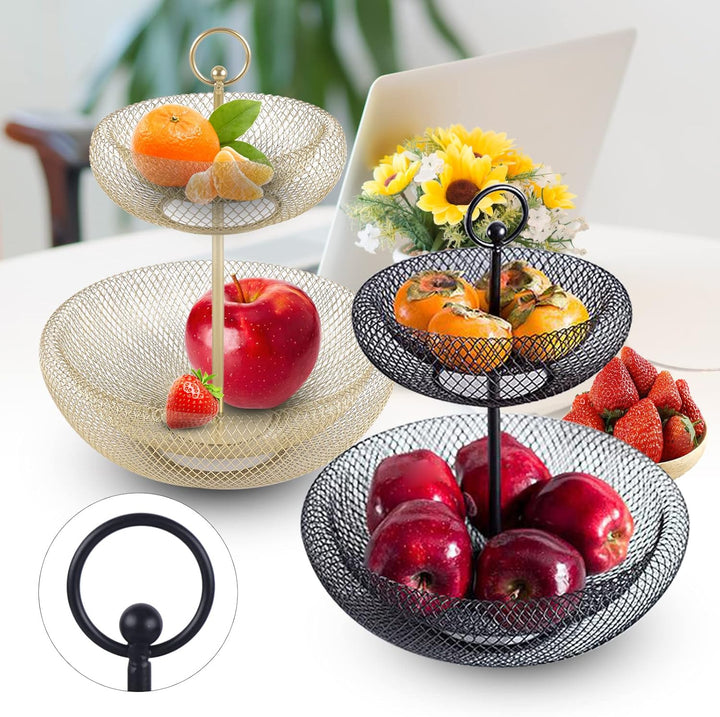 Schwarz Obst Etagere mit 2 Stöckig Platzsparendes Obstschale mit Bambusholzständer Servierschalen fü