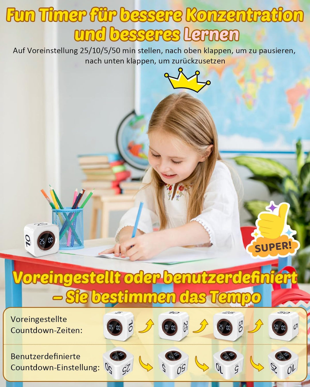 Pomodoro Timer Cube, Visueller Würfel-Timer für Kinder, Digitale LED Drehbarer Timer mit 5/10/25/50
