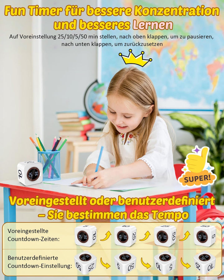 Pomodoro Timer Cube, Visueller Würfel-Timer für Kinder, Digitale LED Drehbarer Timer mit 5/10/25/50