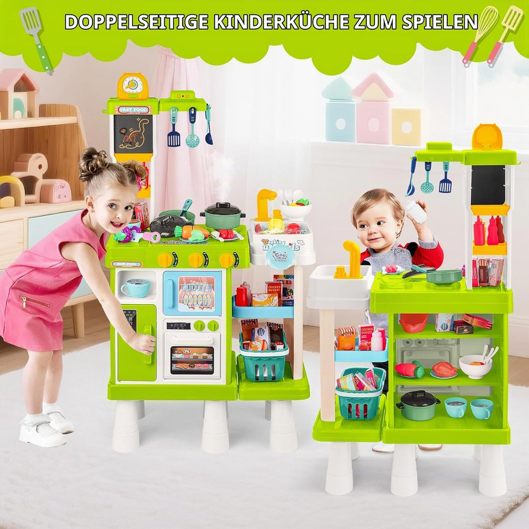 deAO Kinderküche Spielküche mit Wasserfunktion &amp; Dampf, 54 Stck. Höhenverstellbar Küchenspielset mit