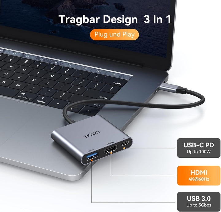 HODO USB C Hub HDMI Adapter, USB-C Digital AV Multiport mit 4K@60HZ HDMI, USB 3.0, 100W PD, Kompatib