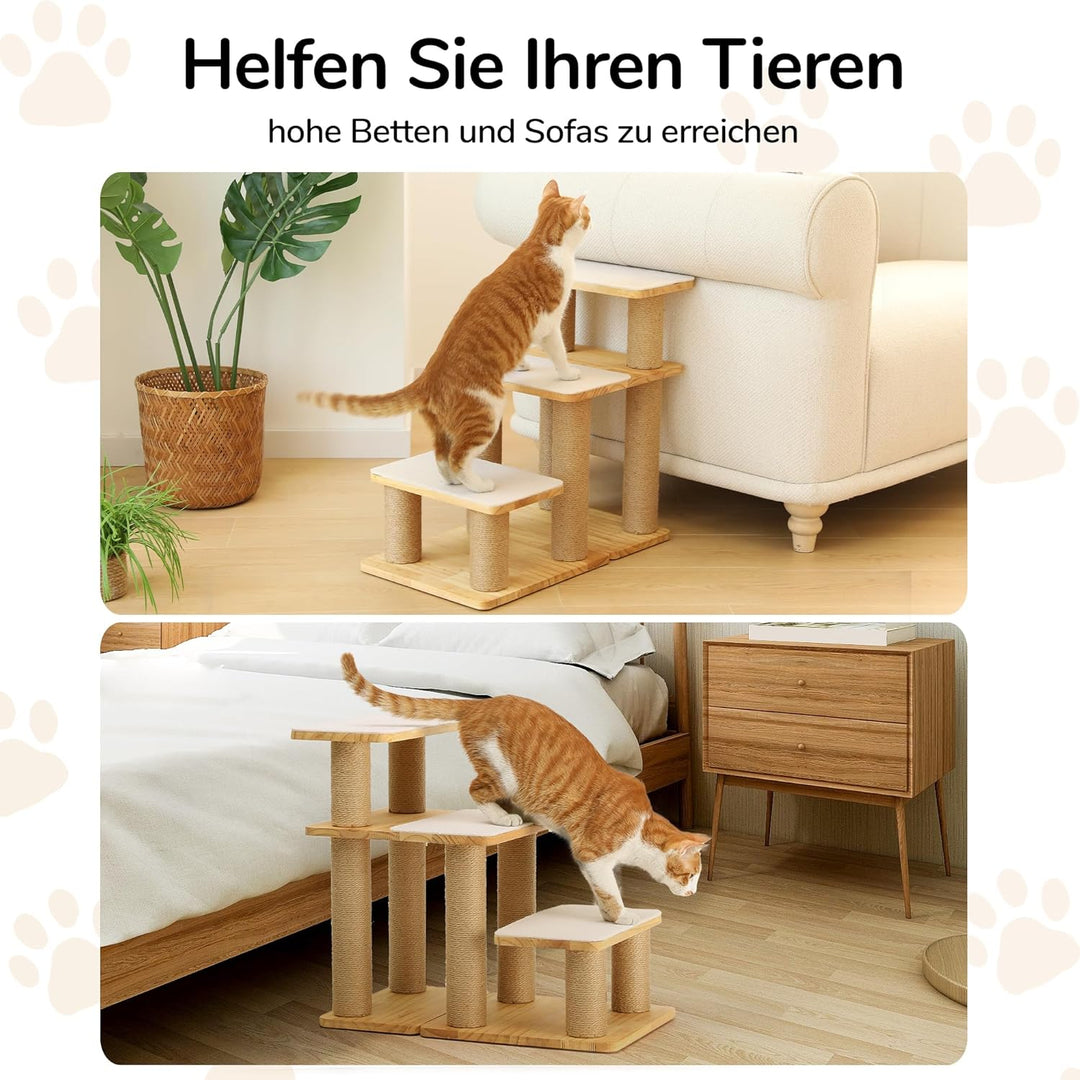 FUKUMARU Hundetreppe, 3 Stufen Haustiertreppe, Katzentreppe aus Kiefernholz und Jute，18-51cm einstel