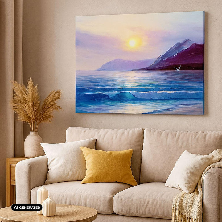 Bilder auf Leinwand 100x70cm Leinwandbild mit Rahmen Berge Meer Welle Gross Wanddeko Bild Schlafzimm