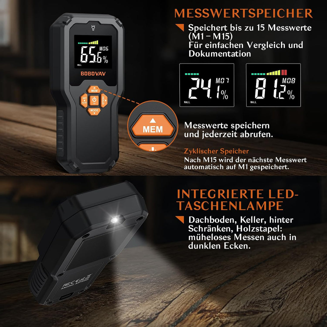 Pinless Digitaler Feuchtigkeitsmesser Feuchtigkeitsmessgerät ohne Einstich, 19mm Messtiefe LED-Anzei