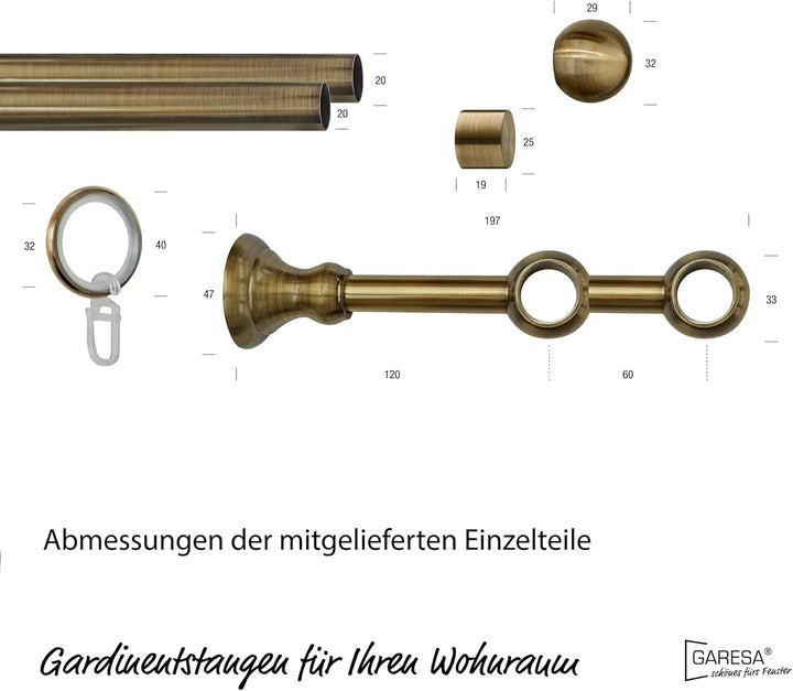 Garesa Gardinenstange Andrea Ø 20mm, 2-läufig, Messing, antik I Stabile Vorhangstange inkl. Ringe +