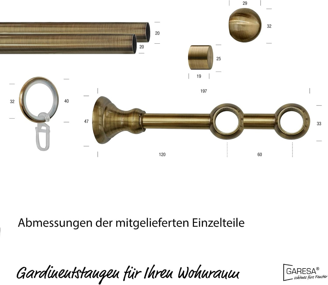 Garesa Gardinenstange Andrea Ø 20mm, 2-läufig, Messing, antik I Stabile Vorhangstange inkl. Ringe +