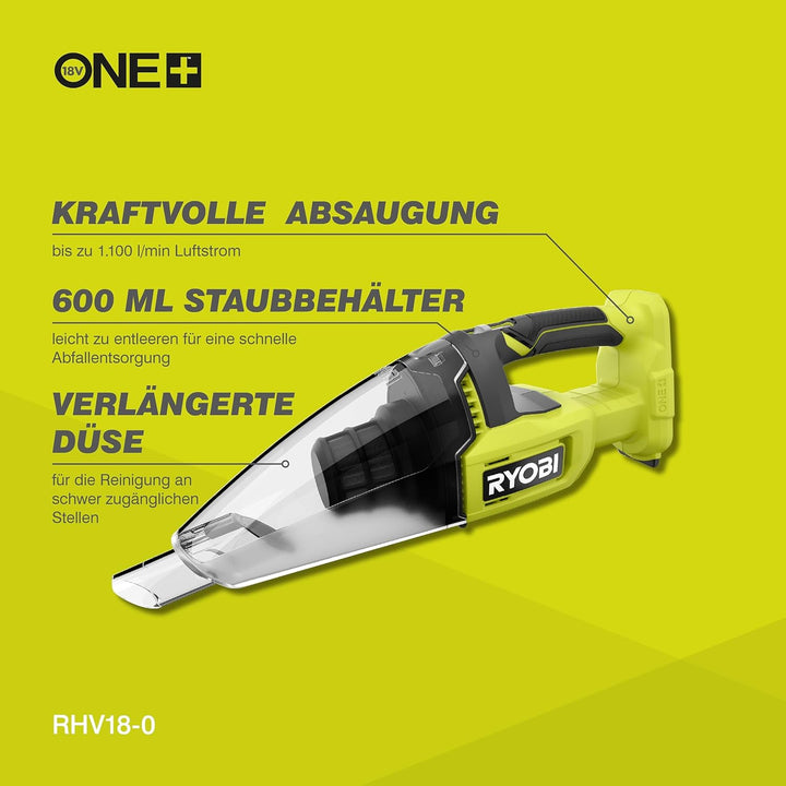 RYOBI 18 V ONE+ Akku-Handsauger RHV18-0 (bis zu 1.450 l/min Luftstrom, 600-ml-Staubbehälter, 34 Air