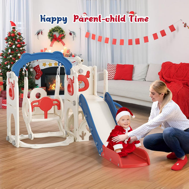 Krovtoy 6-in-1-Kleinkindrutsche, Kleinkindrutsche mit Weihnachtselchmotiv und Schaukelset, Babyrutsc