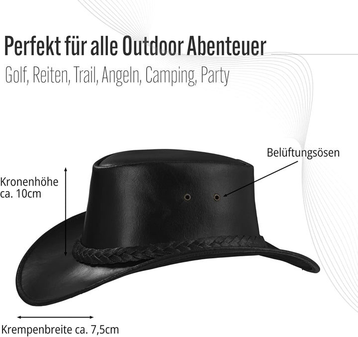 Perth Western Cowboy Reiten Leder Sonnen Hut in versch. Farben M Schwarz, M Schwarz