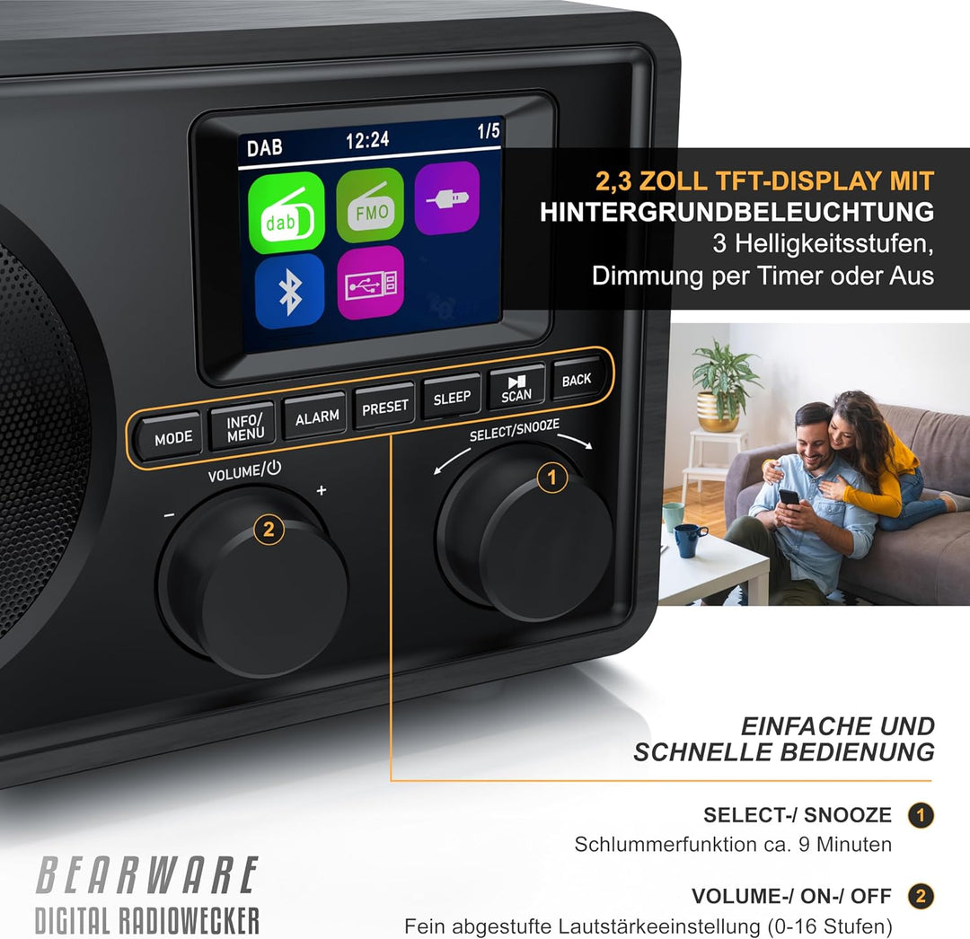 CSL - DAB+ Radio mit TFT Display - Bluetooth DAB Plus Radiowecker – DAB DAB+ FM-Radio – 40 Speicherp