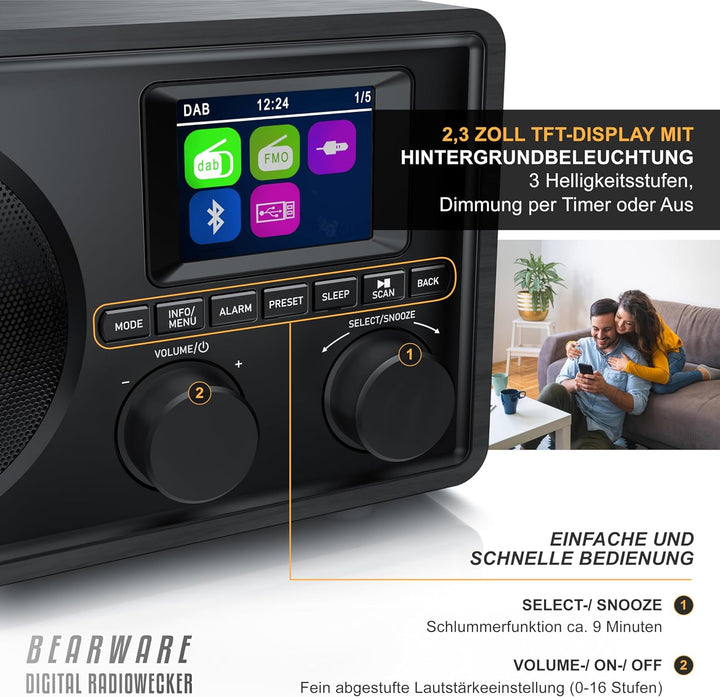 CSL - DAB+ Radio mit TFT Display - Bluetooth DAB Plus Radiowecker – DAB DAB+ FM-Radio – 40 Speicherp