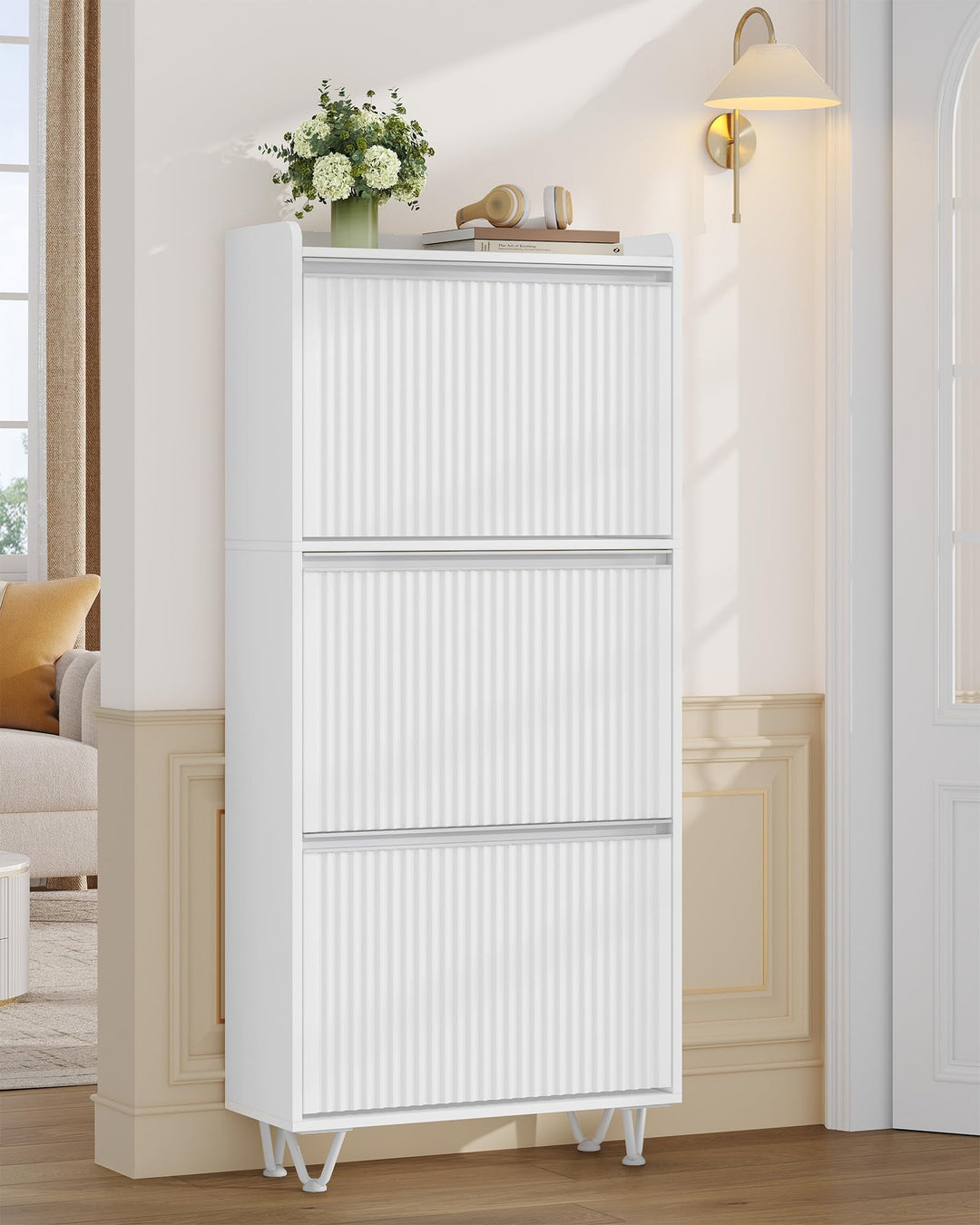 Hzuaneri Schuhschrank mit 3 Klappen, Wellenförmiges Türblatt, 16-18 Paar | Schuhkipper Schmal, Verst