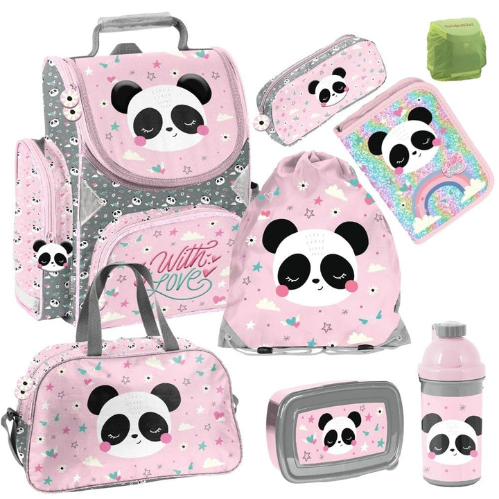 Familando - Schulranzen Set - 8-teilig mit Federmappe - Panda Bär - Ergonomisch, stabil & mit gepols