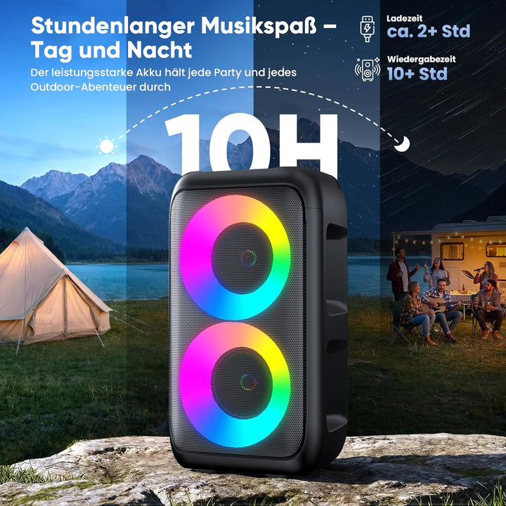 Partybox Bluetooth Party Lautsprecher mit 2 kabellosen Mikrofonen: 3-in-1 tragbare Musikbox für Gebu