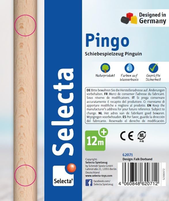 Selecta 62071 Pingo, Schiebefigur, Schiebe-und Nachziehspielzeug aus Holz, 13 cm, Bunt Single, Singl