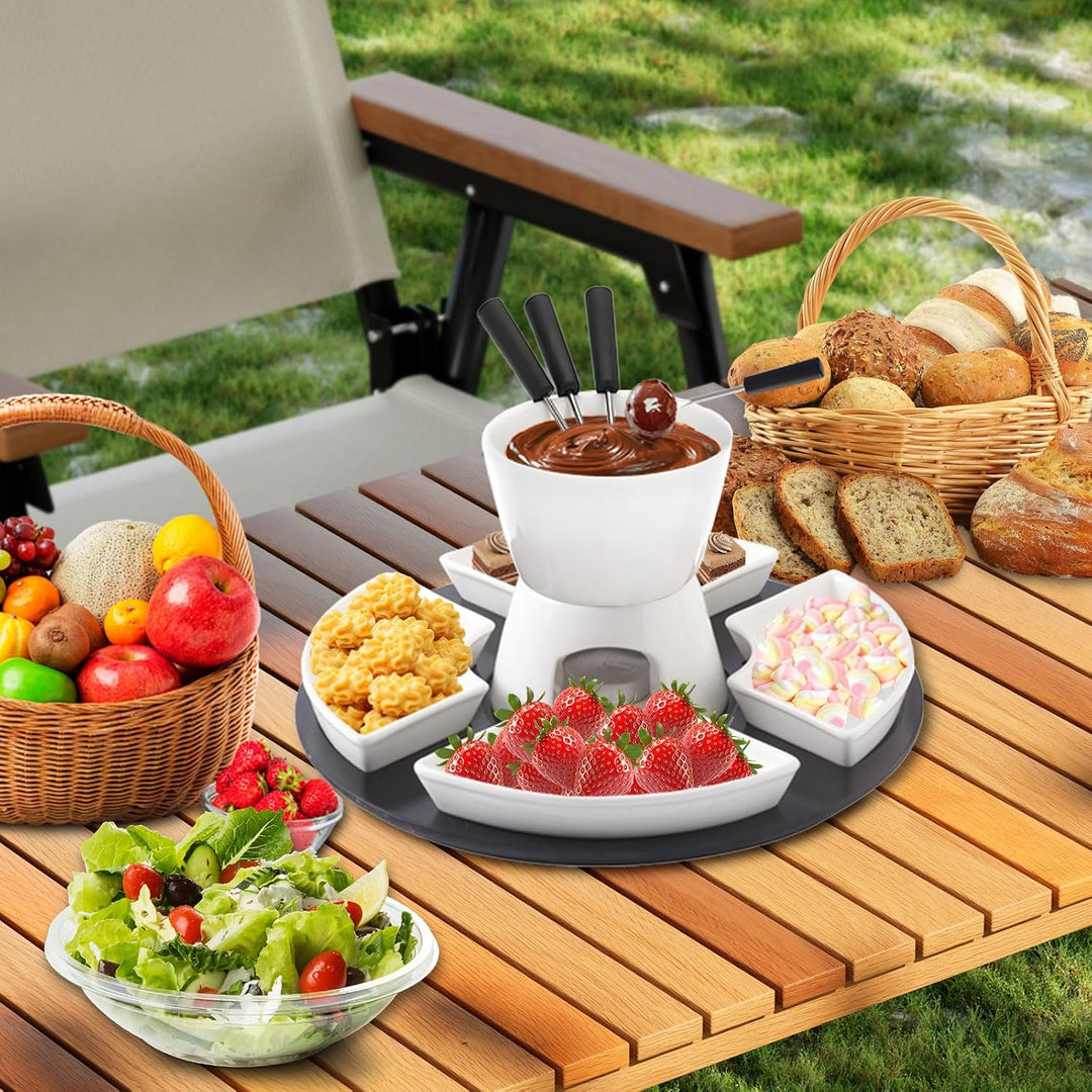 Keramik Schokofondue Set, Schokoladenfondue mit Holzpalette 4 Gabeln 4 Tellern, Käsefondue, Schoko F