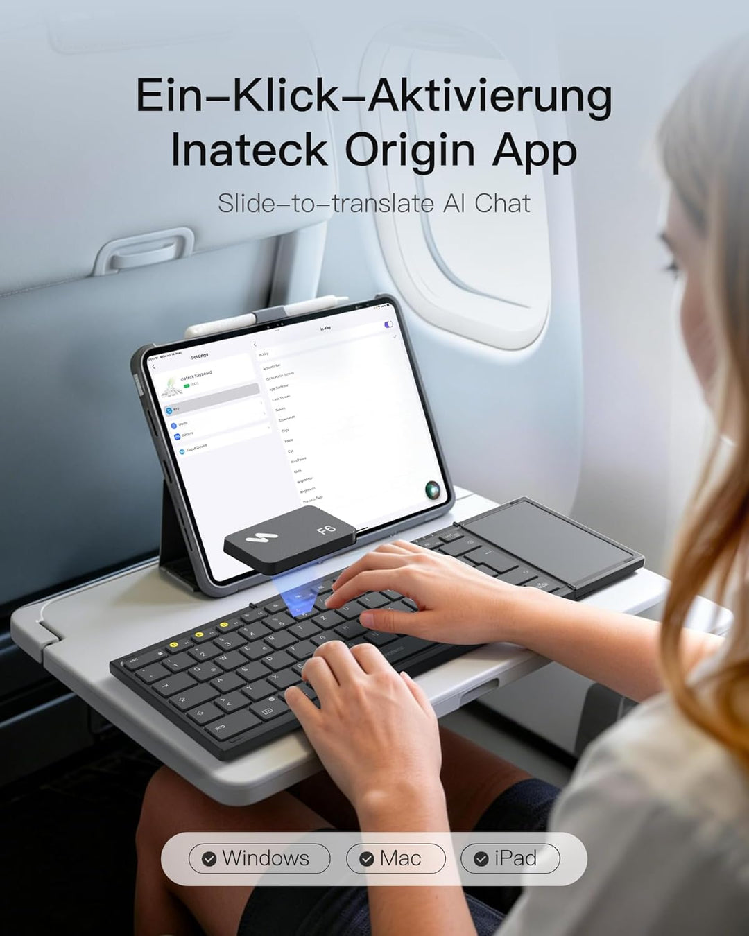 Inateck Faltbare Mini Tastatur, KI-Funktion mit Touchpad,3 Bluetooth-Kanälen, kompatibel mit iPadOS