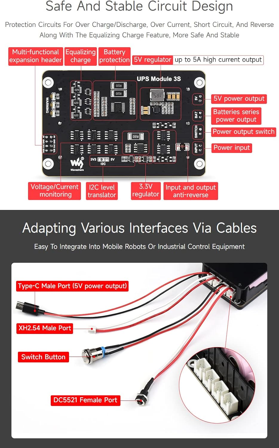 Waveshare Uninterruptible Power Supply UPS Module Supports Charging and Power Output at The Same Tim