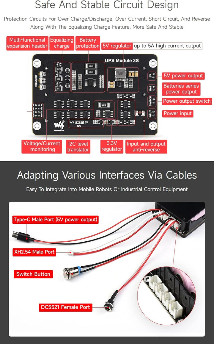 Waveshare Uninterruptible Power Supply UPS Module Supports Charging and Power Output at The Same Tim