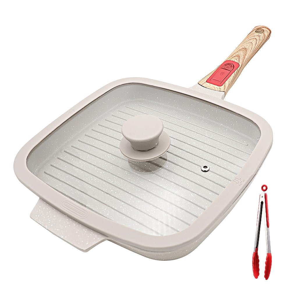 Grillpfanne Induktion mit Abnehmbarer Griff, 26 x 24 cm Steakpfanne mit Deckel Antihaft Beschichtet