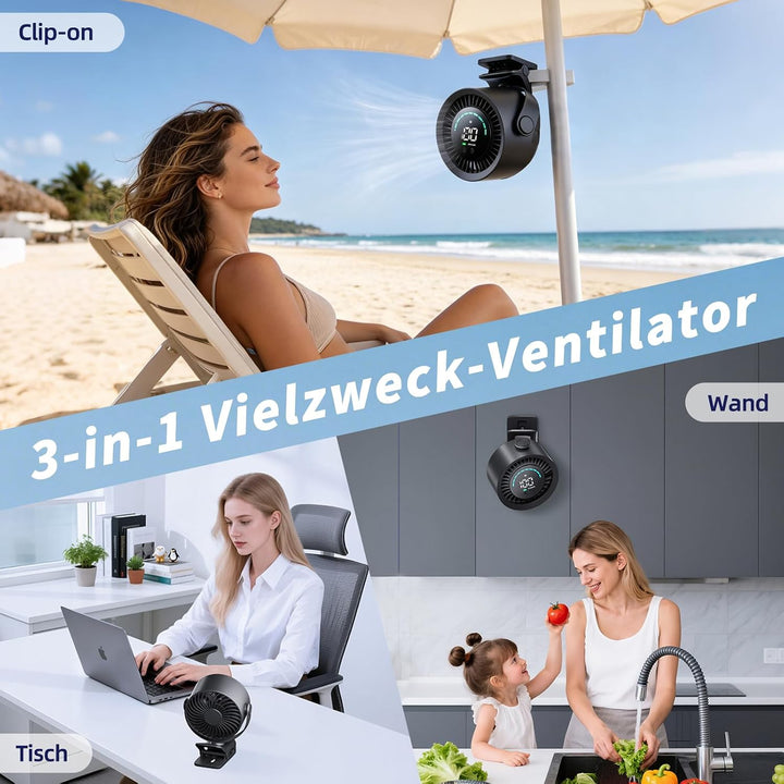 Clip Ventilator, Tragbarer Tischventilator Akku, 5 Geschwindigkeiten Leise Ventilator mit LED Displa
