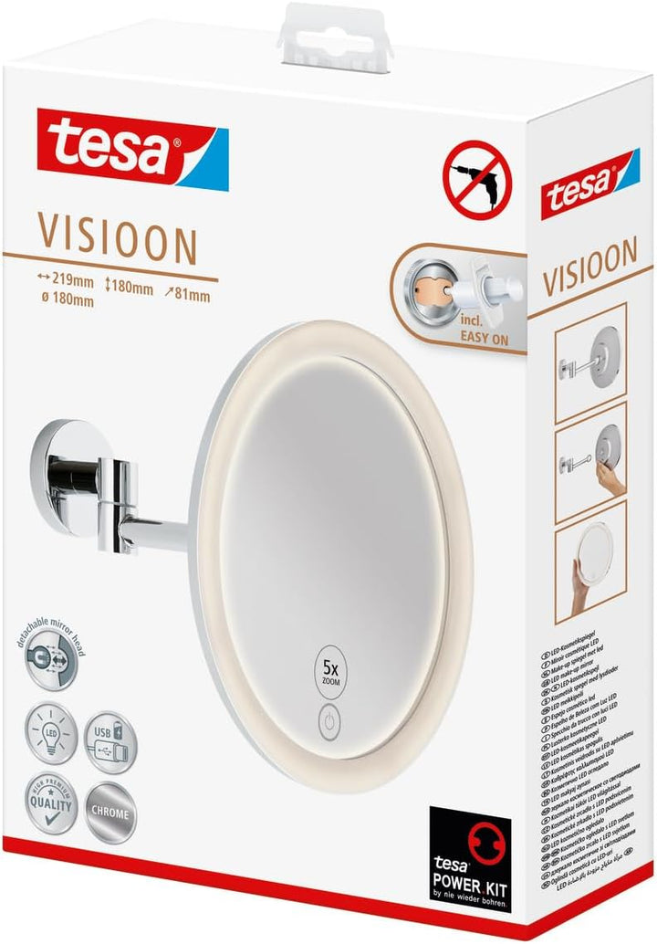 tesa VISIOON LED-Kosmetikspiegel - kabelloser Schminkspiegel mit dimmbarer Beleuchtung - Touch Contr