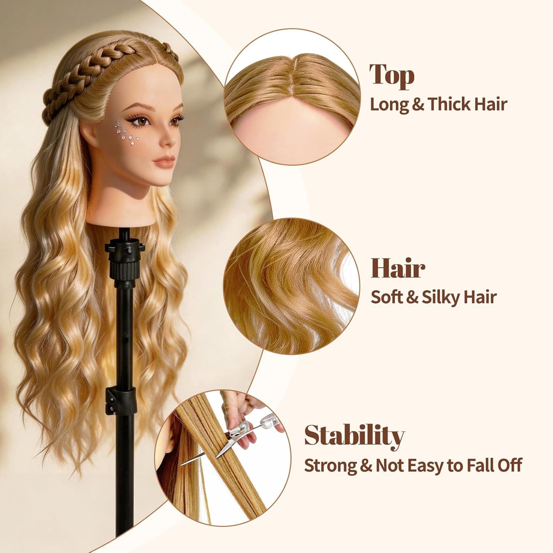 Yofuly 26Zoll/66cm Frisierkopf, 80% Echthaar Übungskopf, Make-up Frisieren Trainingsköpfe, Mannequin