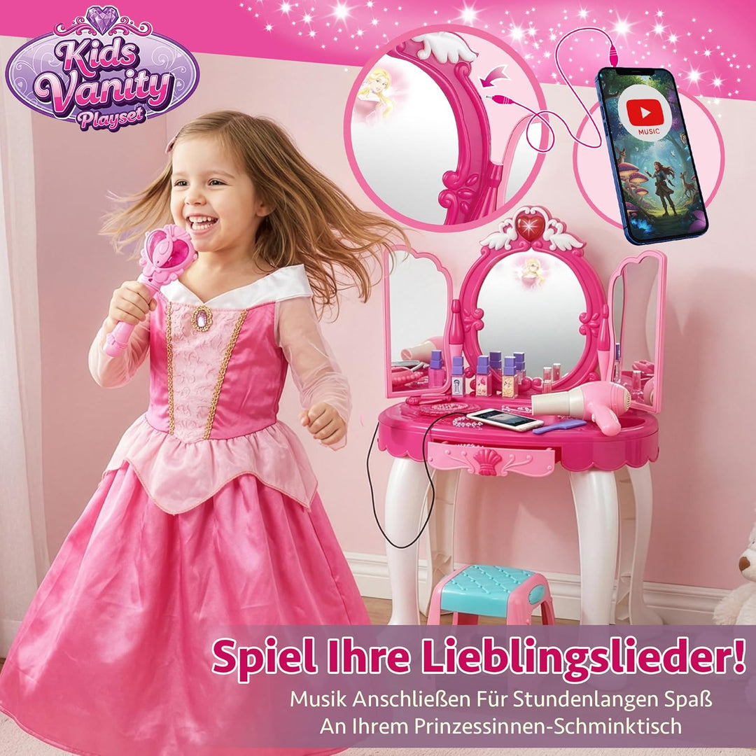 Kinderplay Rosa Schminktisch Kinder mit Zauberstäbchen - Haartrockner funktioniert wie EIN echter |