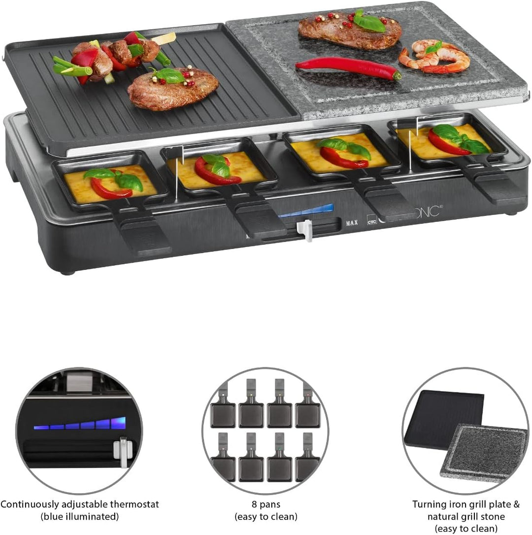 Clatronic RG 3518 Raclette-Grill mit heissem Stein zum Grillen und Überbacken, Wendegussplatte, Tisc