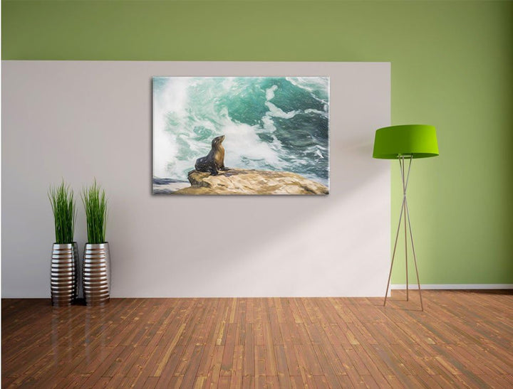 Pixxprint süsse Robbe sonnt Sich Kunst Buntstift Effekt, Format: 100x70 auf Leinwand, XXL riesige Bi