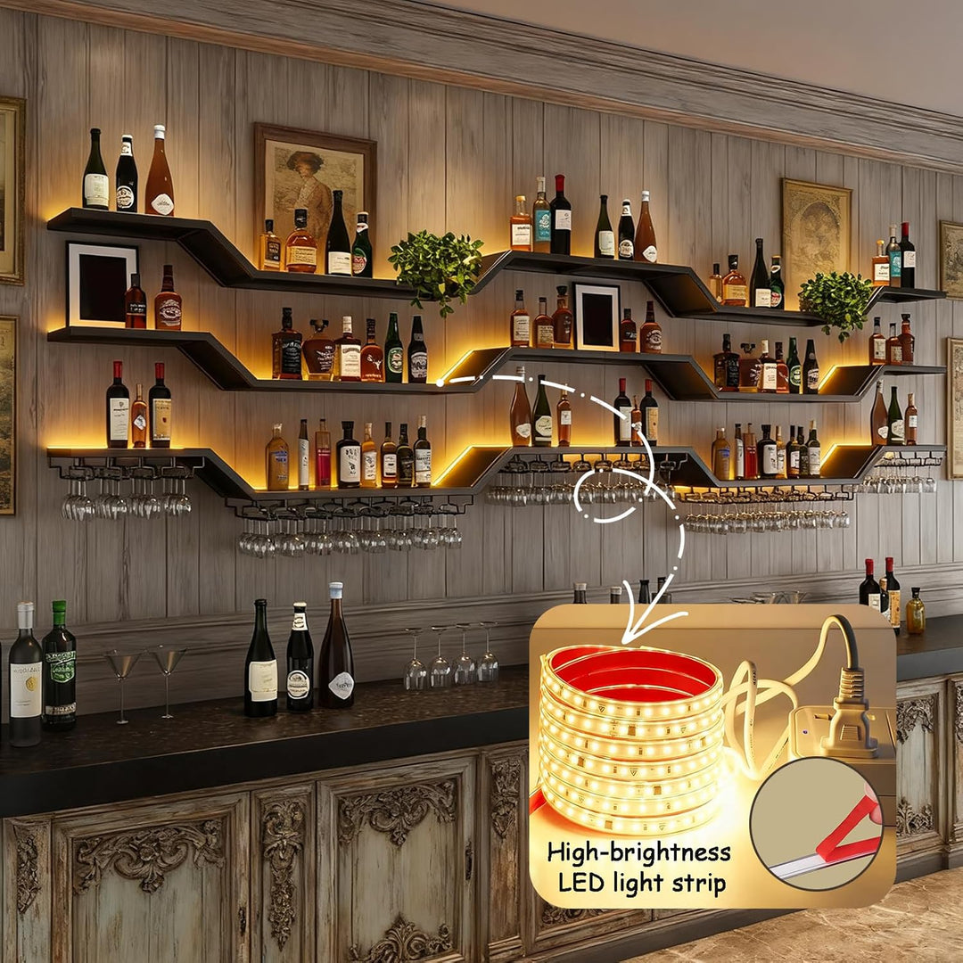 140cm Modernes Wand-Weinregal Mit LED Beleuchtung, Schwebende Barregale mit Glashalter, 3 Ebenen Wan
