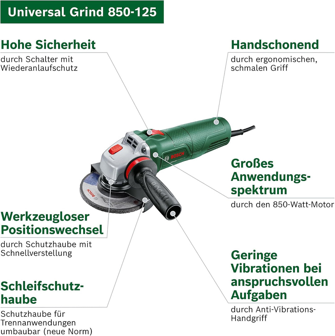 Bosch Kabelgebundener Winkelschleifer UniversalGrind 850-125 (zum Trennen und Schleifen verschiedene
