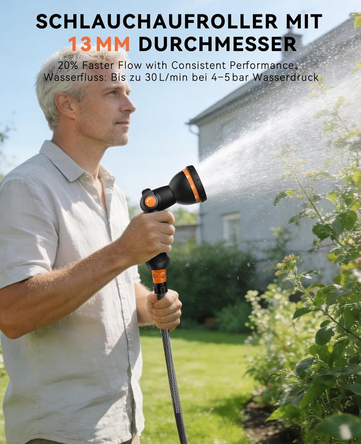 SUNPOW automatische Schlauchtrommel Wasser – 13mm x30m mit Gartenschlauch, zur Wandmontage, 10-Funkt
