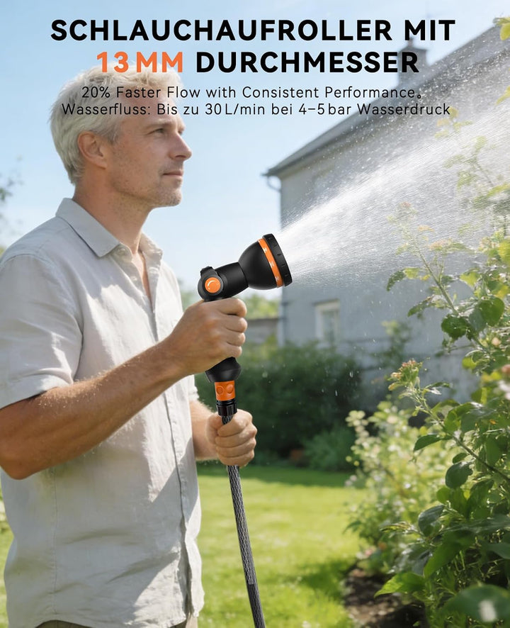 SUNPOW automatische Schlauchtrommel Wasser – 13mm x45m mit Gartenschlauch, zur Wandmontage, 10-Funkt