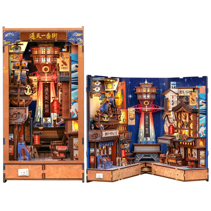 CUTEBEE Book Nook Kit - Japanisches klappbares DIY Miniatur Haus, warme LED Bücherregal Gasse Dekor,