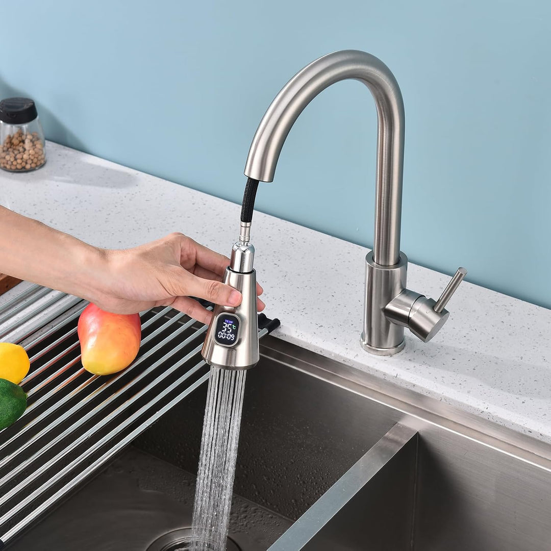 HOMELODY Wasserhahn Küche mit LED-Temperaturanzeige, Ausziehbare Hochdruck Küchenarmatur 360° drehba
