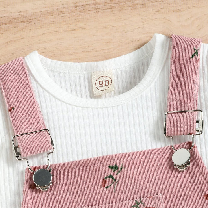 Baby Mädchen Kleidung Rippstrick Langärmelig Oberteile Blumenmuster Hosenträgerhose mit Tasche Outfi