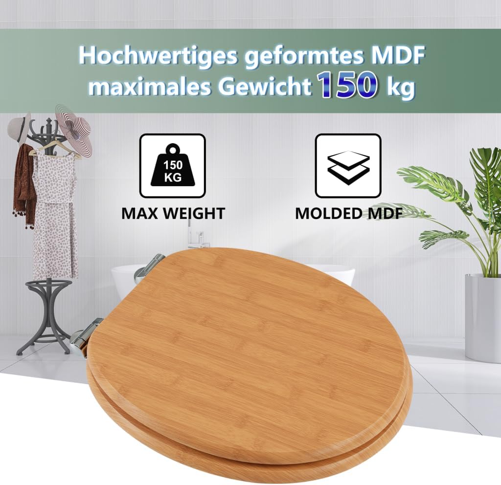 MDF-Toilettensitz mit Soft-Close-Mechanismus, O-förmiger Toilettensitz aus Bambus mit Verstellbaren