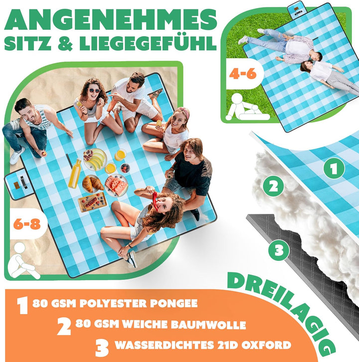 KESSER® Picknickdecke campingdecke XXL 200 x 200 cm - wärmeisoliert mit wasserdichter Unterseite mit