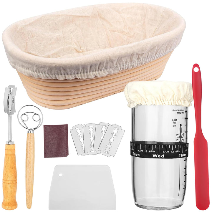 Gärkörbchen 10 Zoll, 7-teilig Sauerteig Brot Gärkorb Set, Sauerteig Starter Set Glas 700ml, 100% Nat