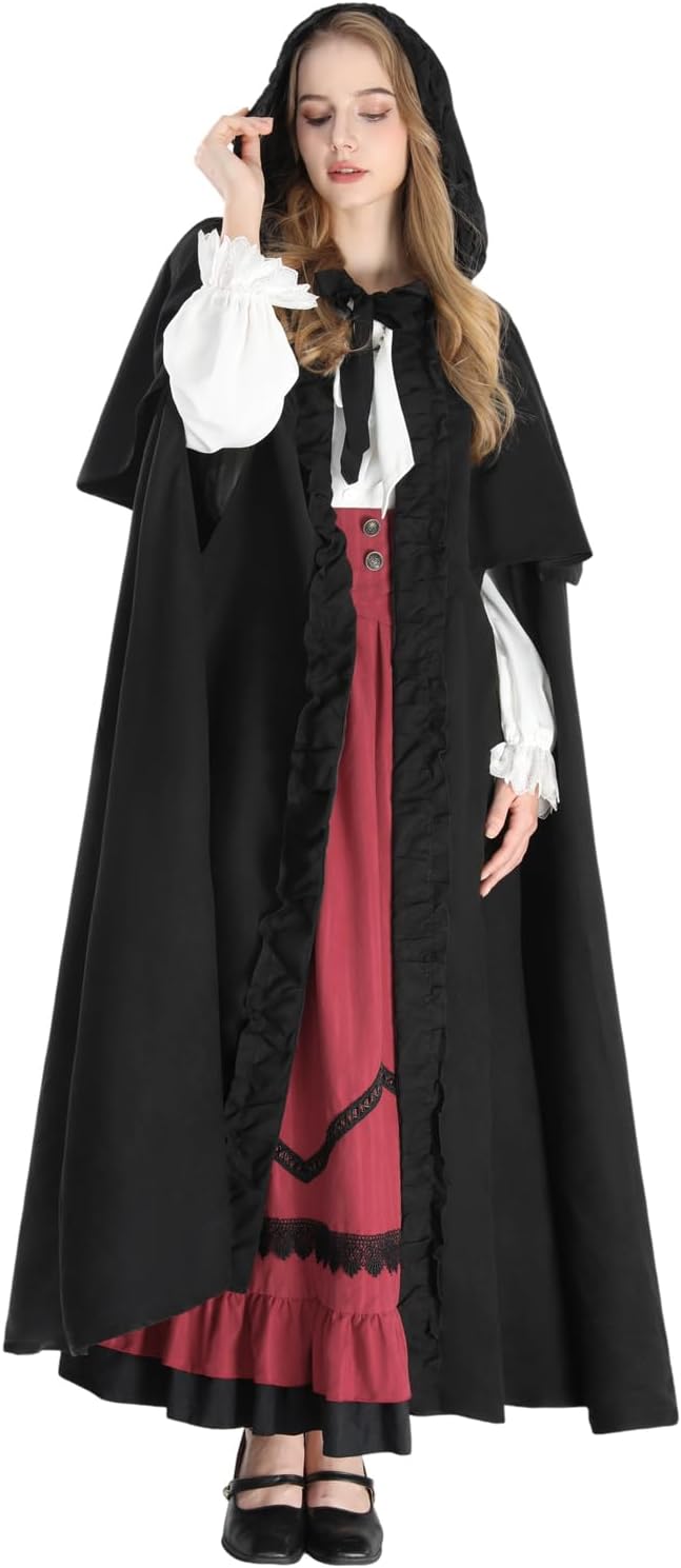 Fiamll Mittelalter Umhang Damen Kapuze Mantel mit Manschette Einfarbige Trenchcoat Renaissance Vampi
