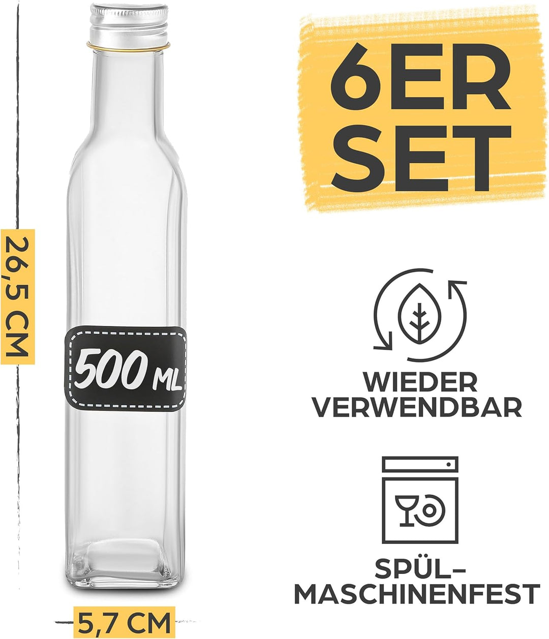 Praknu 6er Set Glasflaschen 500ml Schraubverschluss Eckig - Leere Flaschen zum Befüllen - 6 Etikette