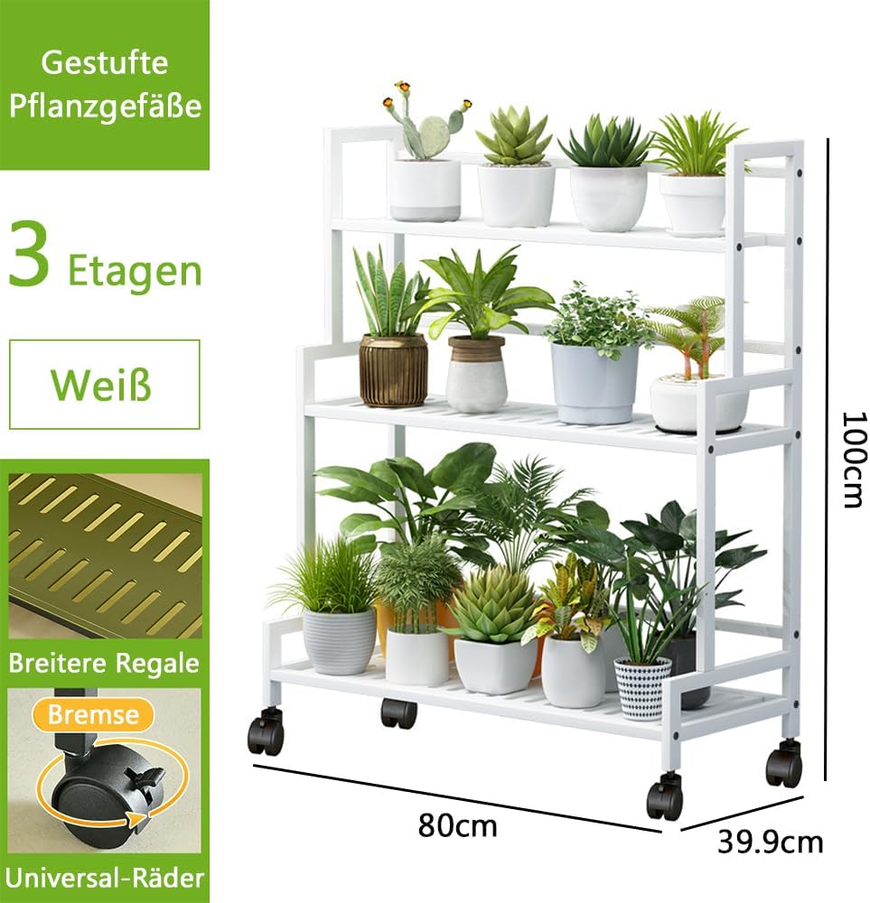 Pflanzenständer Metall Blumenständer, 3 Etagen Grosser Kapazität Pflanzständer mit 4 Rollen, Multifu