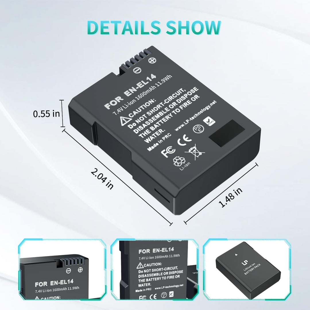 LP EN-EL14 Akku 2 Pack EN EL14a Ersatzakku kompatibel zu D3500, D5600, D3300, D5100, D5500, D3100, D