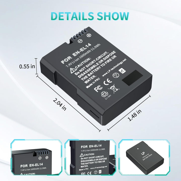 LP EN-EL14 Akku 2 Pack EN EL14a Ersatzakku kompatibel zu D3500, D5600, D3300, D5100, D5500, D3100, D