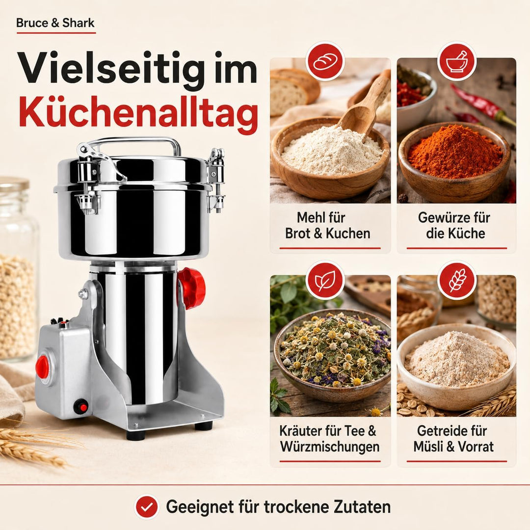 700g Hochgeschwindigkeits Elektrische Getreidemühle für kommerziellen Einsatz, 1800W, Edelstahlkonst
