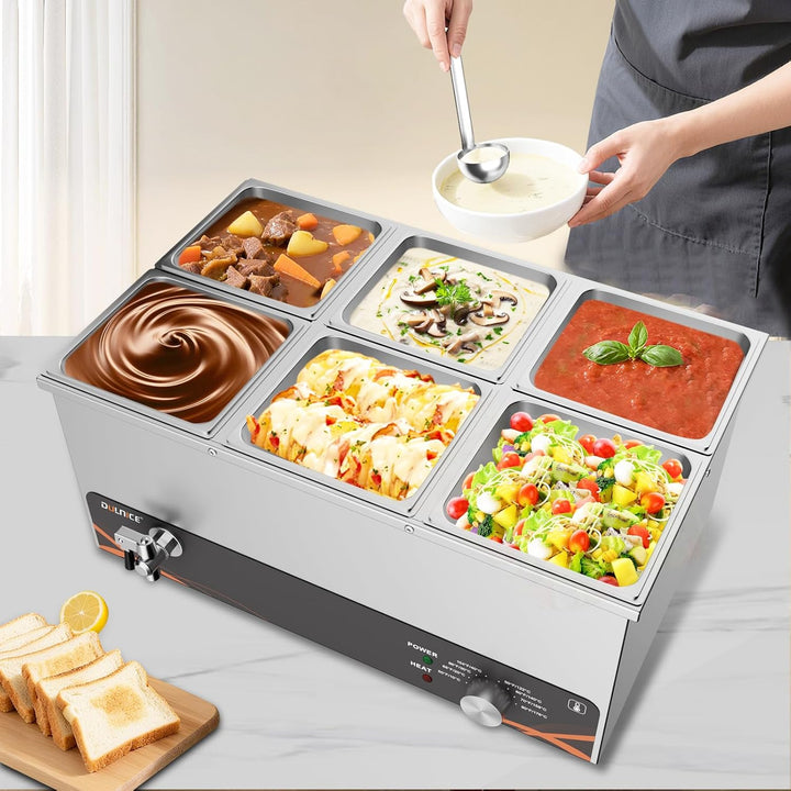 DULNICE Bain Marie Speisewärmer Elektrische Edelstahl 1500W 6 GN-Behältern Wasserbad mit Ablaufhahn,