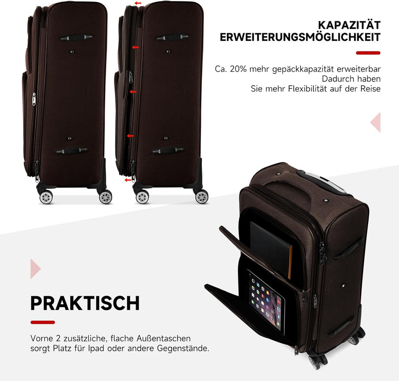 HOMELUX Kofferset 4 Teilig Kaffee Stoffkoffer Reisekoffer Leicht Koffer Trolley Rollkoffer Set-S-M-L