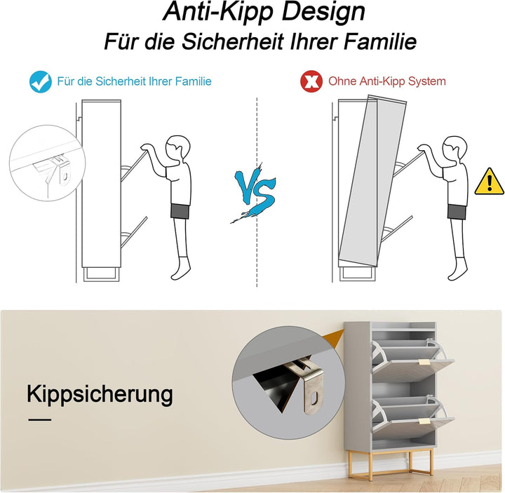 UEV Schuhschrank mit 2 Klappen Grau, Schuhkommode mit Linien, Schuhaufbewahrung Schmal, 50x24,2x103,