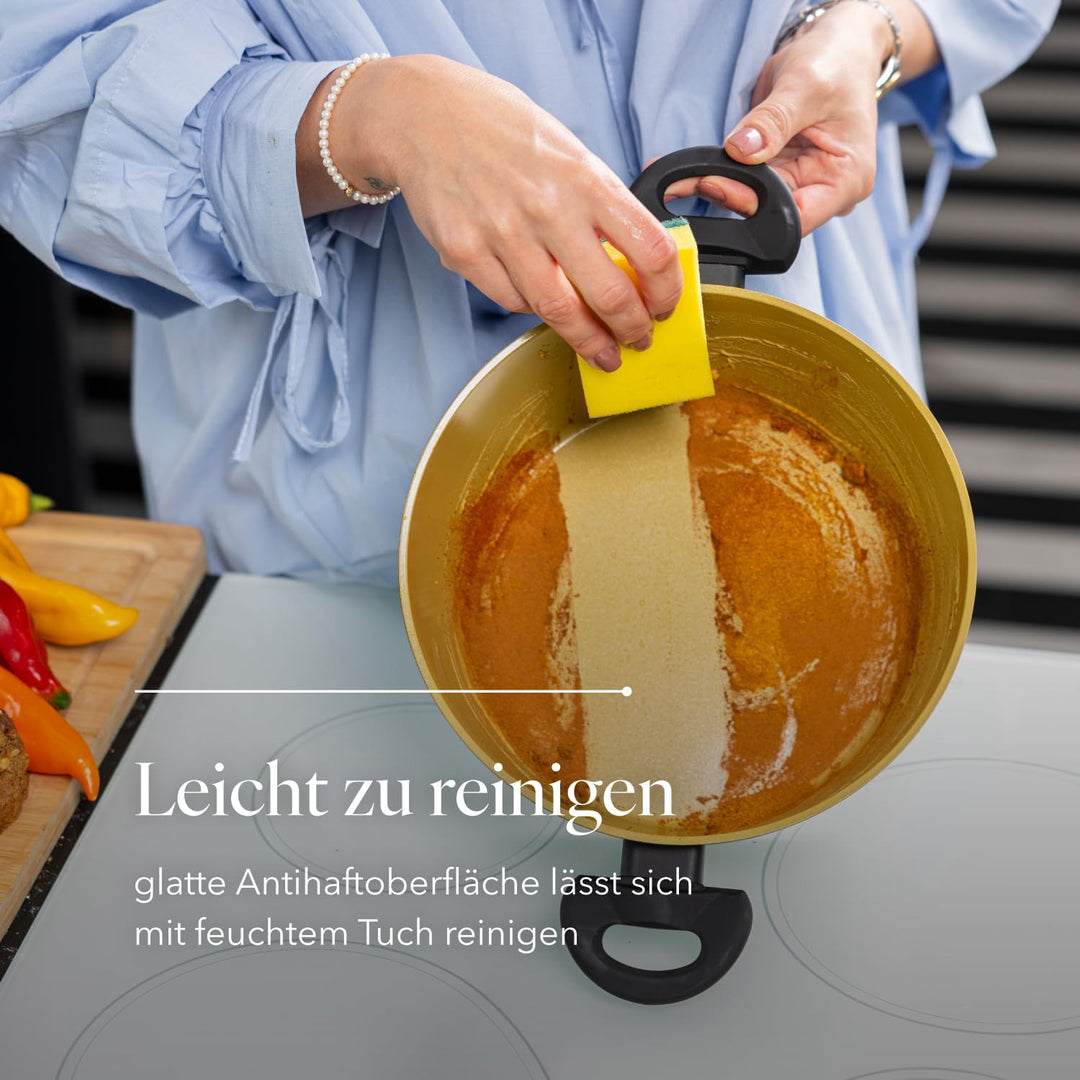 FLORINA AMVEGAN Aluminiumtopf 26 cm I 4,8L I Hohe Haltbarkeit I Glasdeckel I Olivenöl-Keramikbeschic